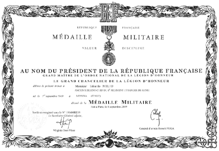 Il nasitano Edoardo Milio insiginito della Medaglia Militare francese