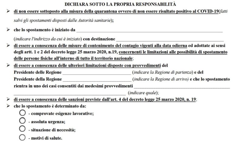 Fase 2, ecco il nuovo modulo di autocertificazione per gli spostamenti