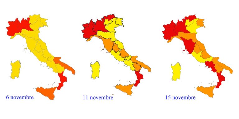 L’Italia si tinge sempre più di rosso ed arancione: restano solo 5 aree in “zona gialla”