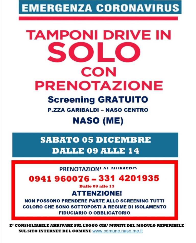 Naso – Sabato screening gratuito con tamponi rapidi in drive-in. Sono 8 ora i positivi al Covid-19