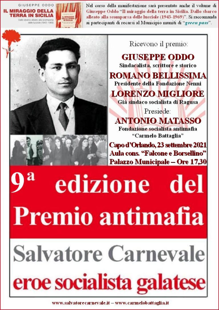 Capo d’Orlando – Il 23 settembre la 9a edizione del premio antimafia “Salvatore Carnevale”