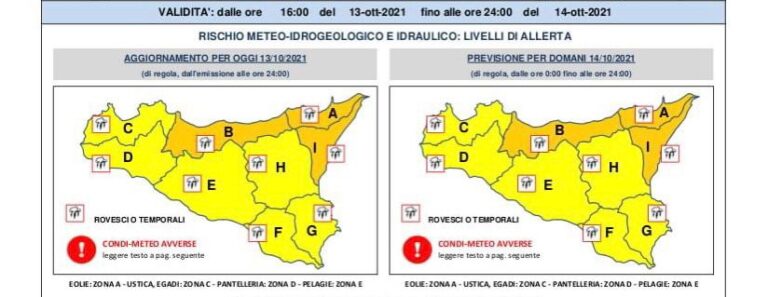 Maltempo, allerta arancione in Sicilia per la giornata di giovedì 14 ottobre