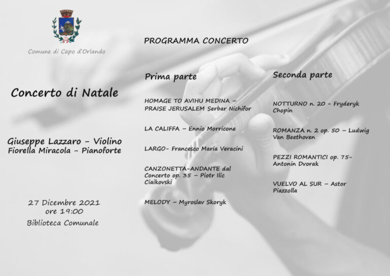 Capo d’Orlando – Lunedì 27 Concerto di Natale, violino e pianoforte