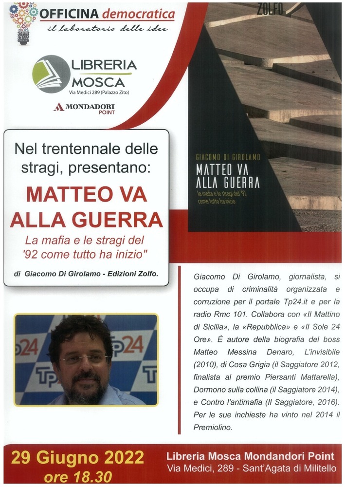 Sant’Agata Militello, il 29 giugno il giornalista Giacomo Di Girolamo presenta “Matteo va alla guerra”