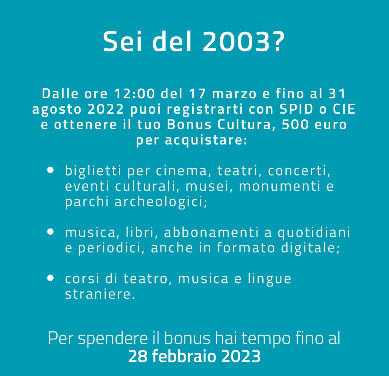 Bonus cultura in scadenza, 500 euro per i giovani nati nel 2003