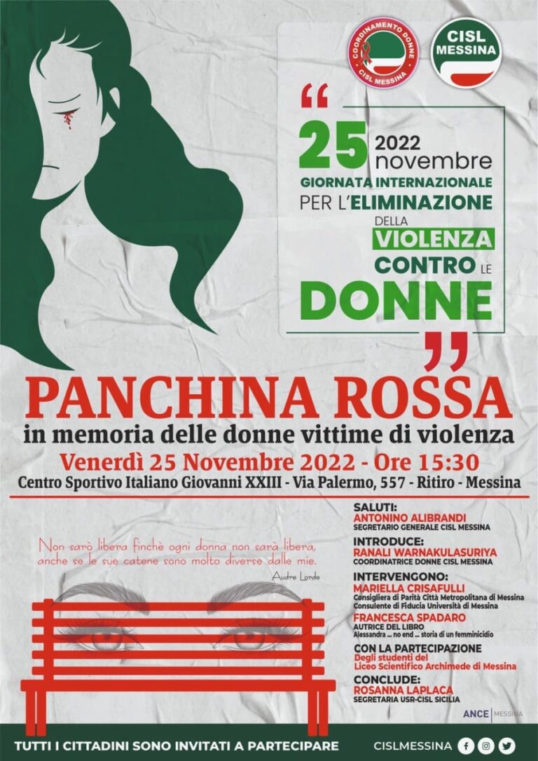 Una panchina rossa per le donne vittime di violenza: l’iniziativa del Coordinamento Donne della Cisl di Messina