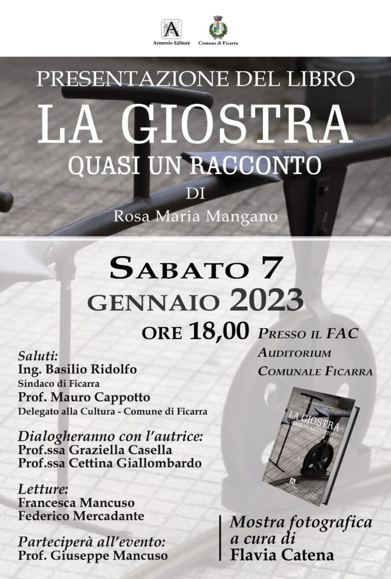 Ficarra – Sabato 7 gennaio la presentazione del libro “La Giostra – Quasi un racconto”