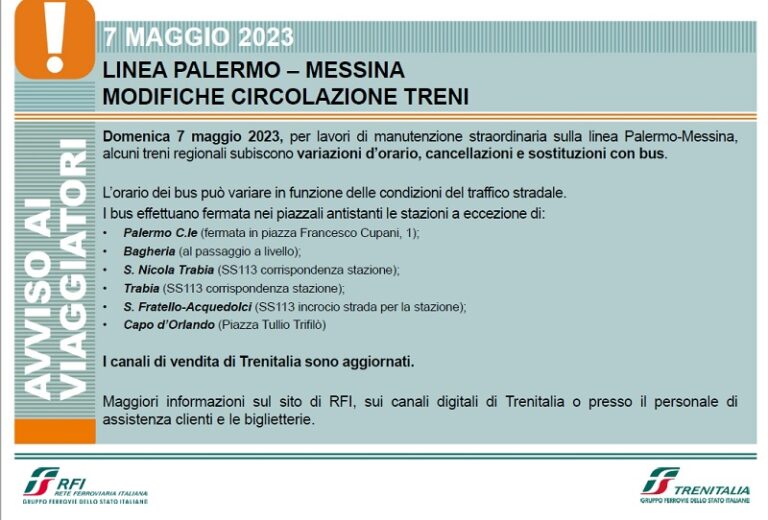 Linea ferroviaria Messina-Palermo: problemi per chi deve viaggiare in treno domenica 7 maggio