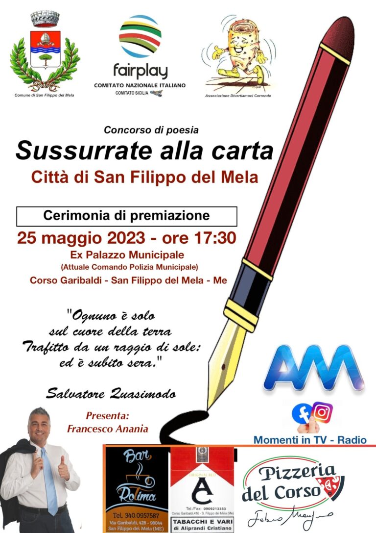 San Filippo del Mela: Giovedì 25 maggio alle ore 17:30 si svolgerà la cerimonia di premiazione del concorso poetico “Sussurrate alla carta”