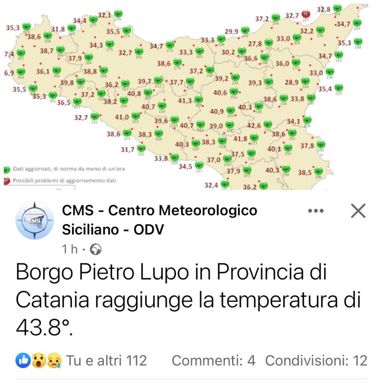 Temperatura record a Mineo (CT). Segnalati 43,8 gradi nella frazione Borgo Pietro Lupo