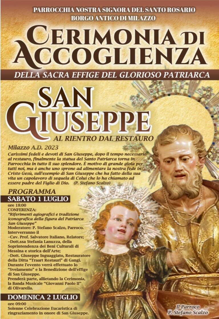 Milazzo: Restaurata la Sacra Effige del Glorioso Patriarca San Giuseppe. Oggi la cerimonia di accoglienza.