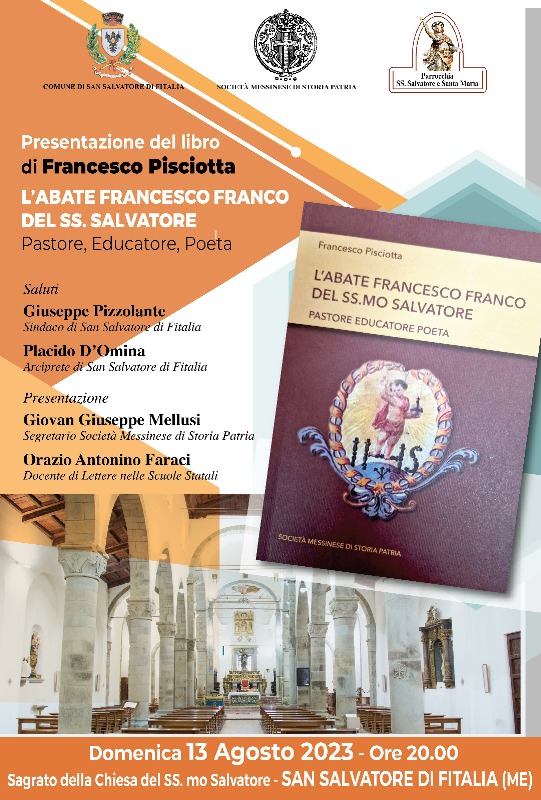 San Salvatore di Fitalia: il 13 agosto la presentazione dell’ultimo libro di Francesco Pisciotta “L’Abate Francesco Franco del Santissimo Salvatore”