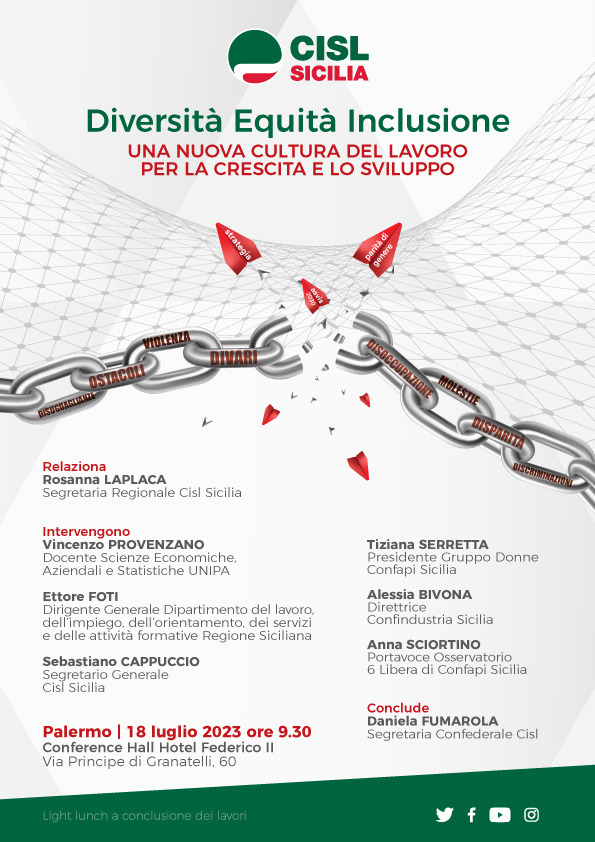 Cisl: “Diversità Equità Inclusione” martedì 18 luglio ore 9.30 a Palermo