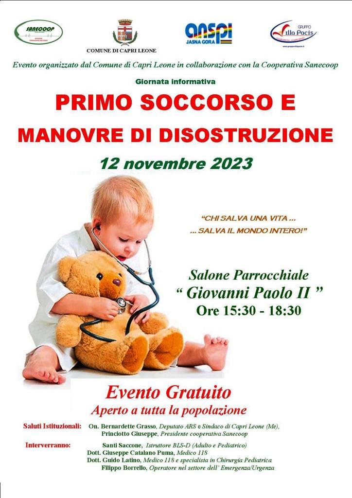 Il 12 novembre la Giornata formativa di Primo Soccorso e manovre di disostruzione a Capri Leone, sindaco Grasso: “Promuoviamo la sicurezza”