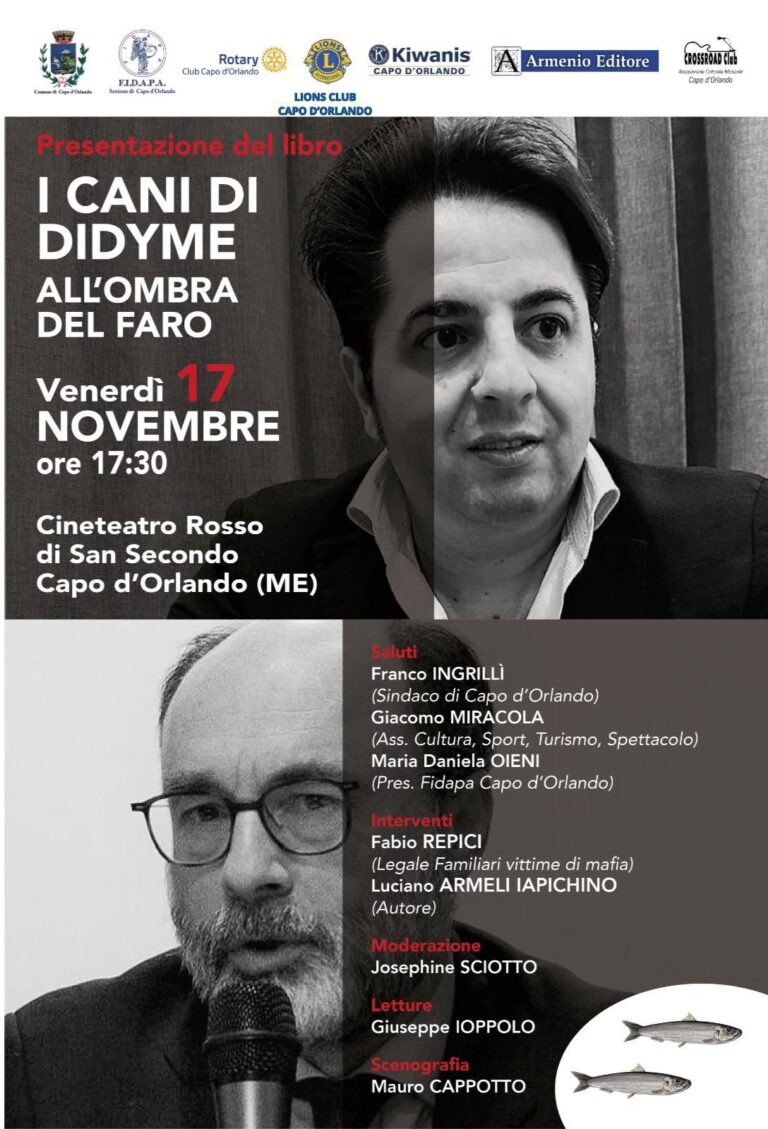 “I cani di Didyme”, venerdì al teatro di Capo d’Orlando la presentazione dell’ultimo libro di Luciano Armeli Iapichino