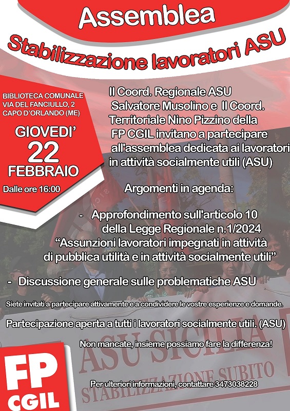 Capo d’Orlando: la Cgil Fp ha organizzato un’assemblea per discutere sulla stabilizzazione dei lavoratori Asu