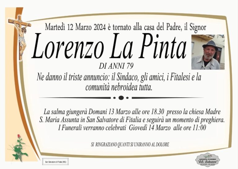 San Salvatore di Fitalia a lutto per la morte di Lorenzo La Pinta. Domani i funerali