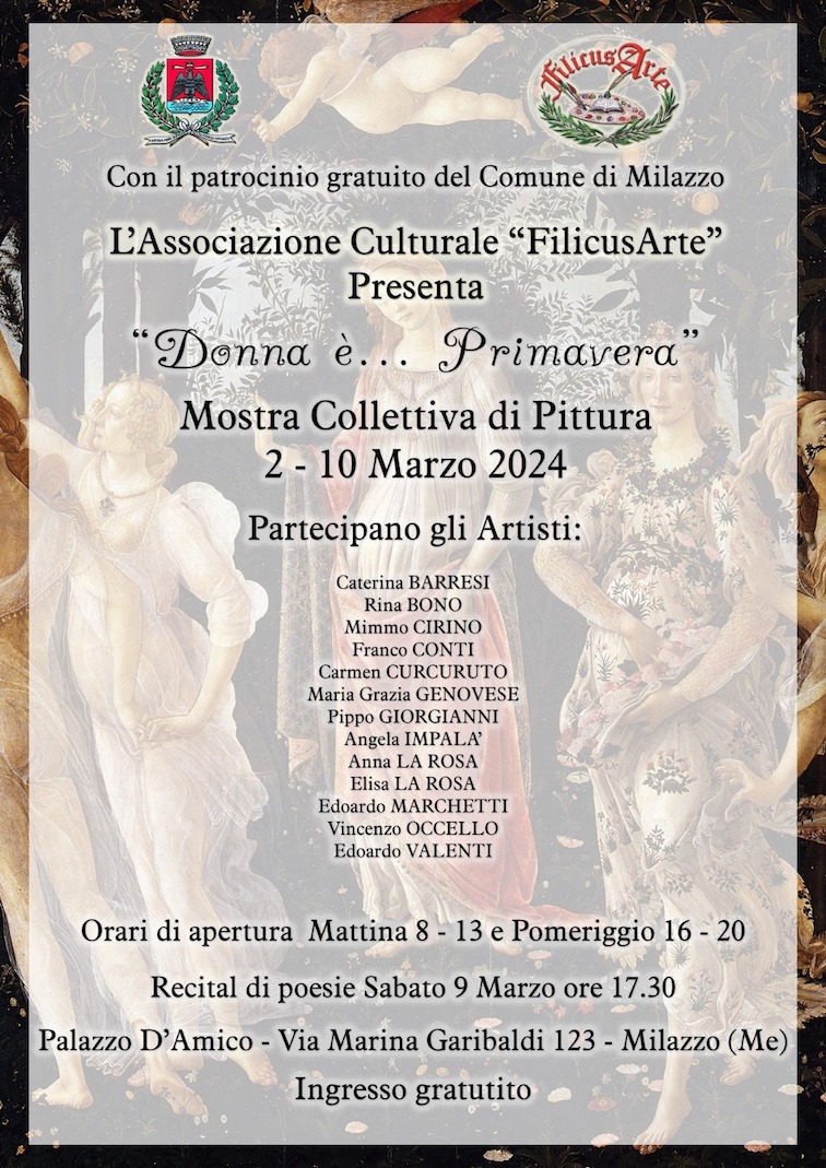 “Donna è…primavera” è il titolo della mostra di collettiva di pittura al Palazzo D’Amico di Milazzo – VIDEO