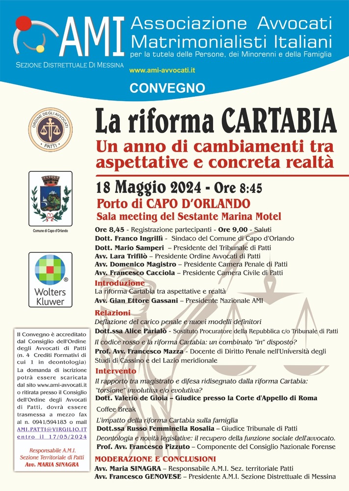 Capo d’Orlando – Effetti della riforma Cartabia dentro e fuori le aule di Tribunale. Convegno organizzato da AMI