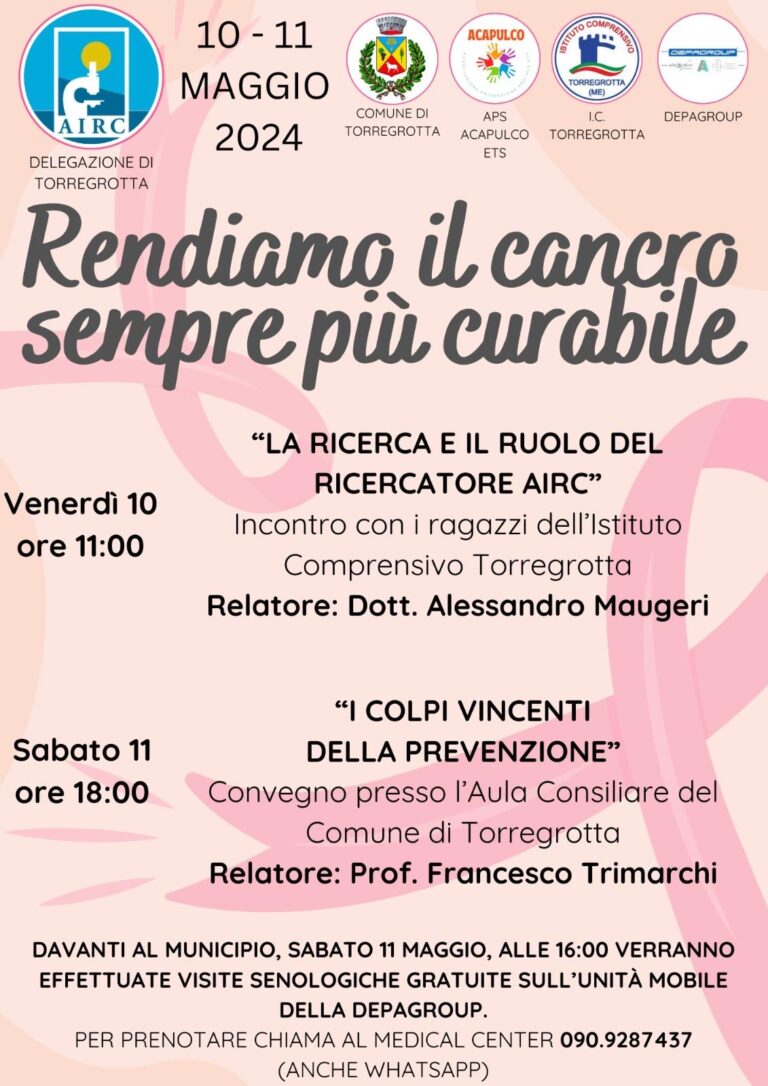 La delegazione AIRC di Torregrotta organizza due giornate sulla prevenzione del cancro: “rendiamo il cancro sempre più curabile”