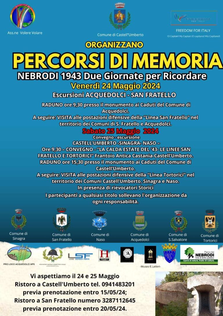 Castell’Umberto. il 24 e 25 maggio l’evento “Percorsi di memoria per ricordare la guerra sui Nebrodi e cercare la pace”