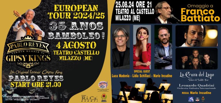 Milazzo – Il 4 agosto al Teatro del Castello Pablo Reyes dei Gipsy King e il 25 agosto “Omaggio a Franco Battiato”