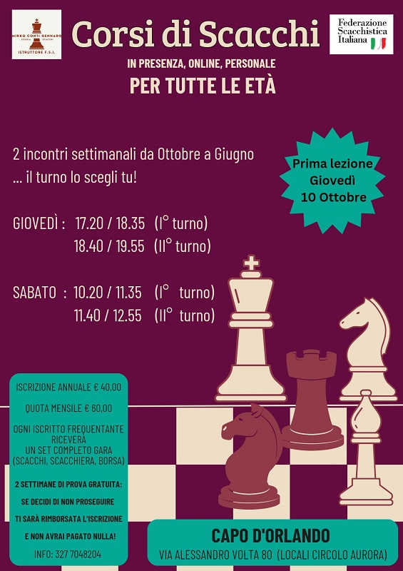 Capo d’Orlando: i corsi di scacchi inizieranno il 10 ottobre nella sede del circolo Aurora