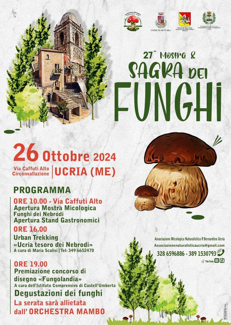 Ucria – Sabato 26 ottobre la 27a Mostra e Sagra dei Funghi. Appuntamento dalle 10