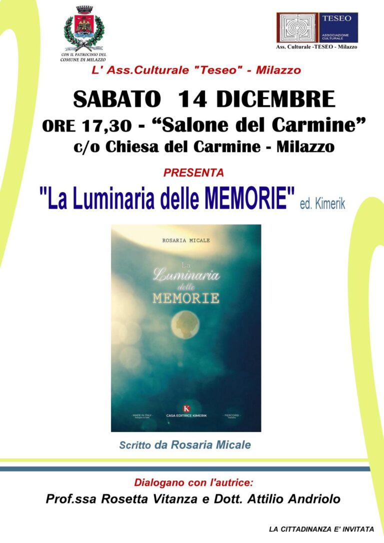 Milazzo: Nel rinnovato Salone del Carmine si svolgerà la presentazione del libro di Rosaria Micale