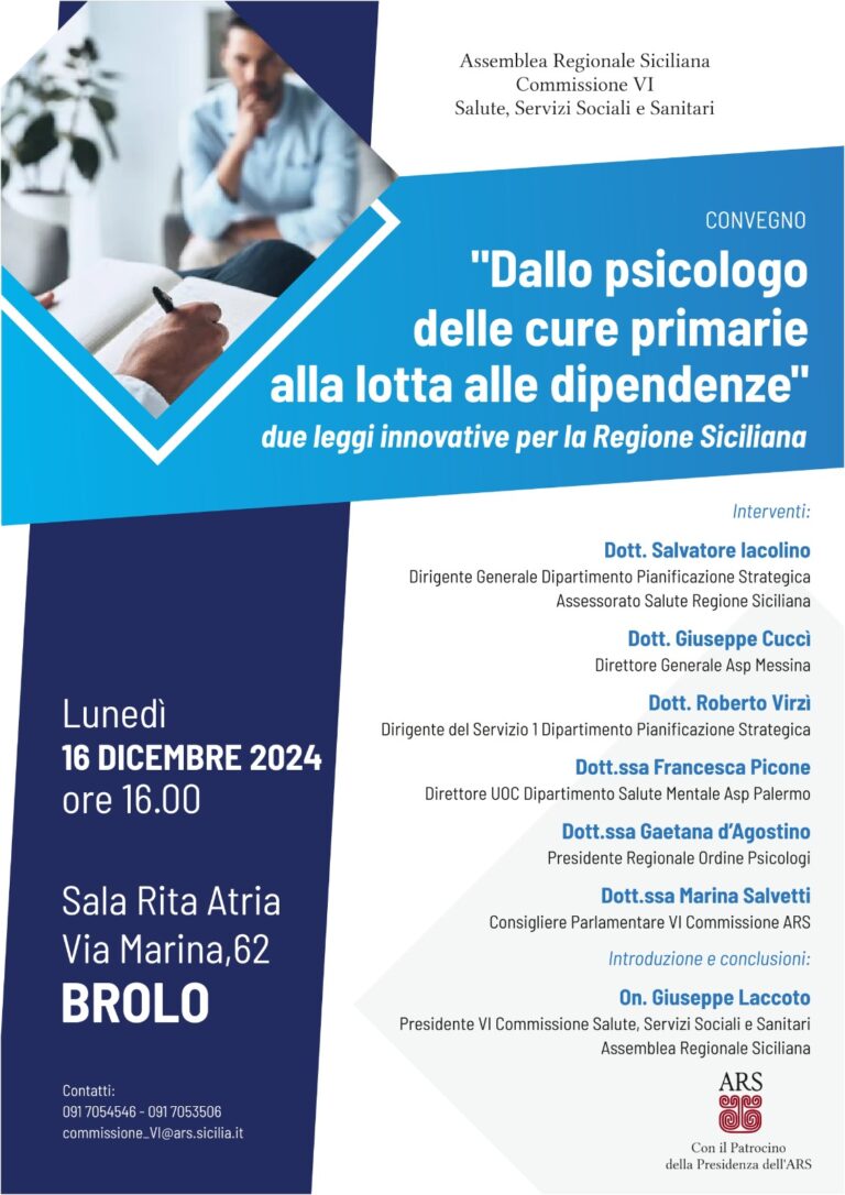 Psicologo delle cure primarie e lotta contro le dipendenze: focus sulle leggi regionali organizzato a Brolo