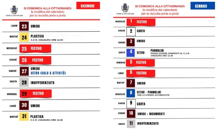 Capo d’Orlando – Modifica al calendario della raccolta differenziata per le festività natalizie