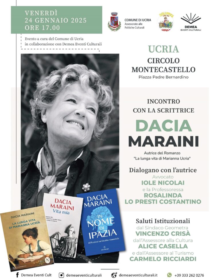 Il 24 gennaio Ucria ospiterà la scrittrice Dacia Maraini