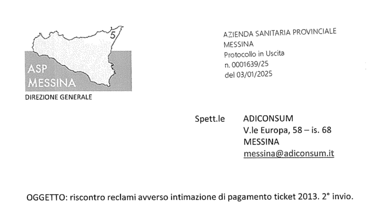 Esenzioni ticket non corrette, l’Asp di Messina accoglie i primi 220 ricorsi di Adiconsum Cisl per il 2013