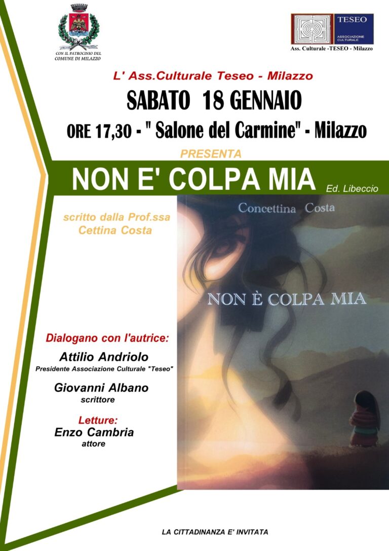 Milazzo: Concettina Costa presenta il libro “Non è colpa mia”