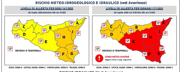 Meteo: domani piogge, temporali e venti di burrasca. Allerta meteo rossa per Messina e costa ionica. Arancione dai Nebrodi a Trapani