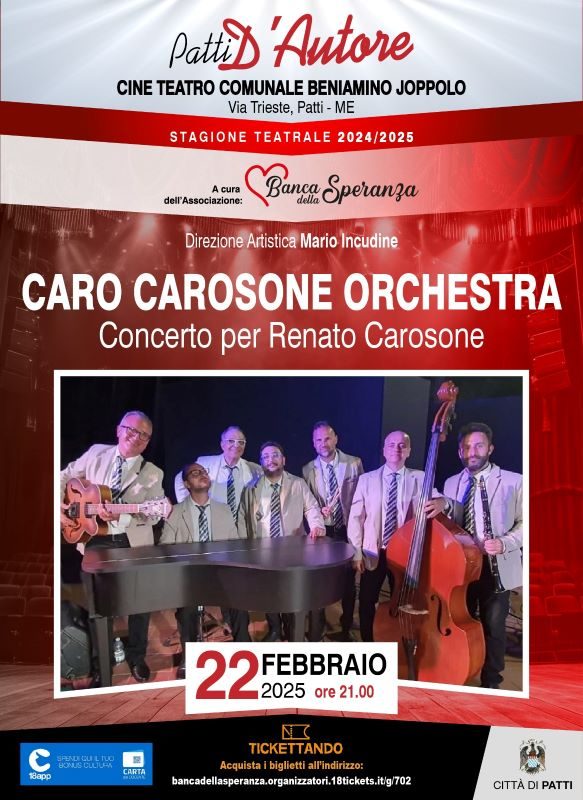 Patti, il 22 febbraio la rassegna “Patti D’Autore” presenta il quarto spettacolo: “Caro Carosone Orchestra”.