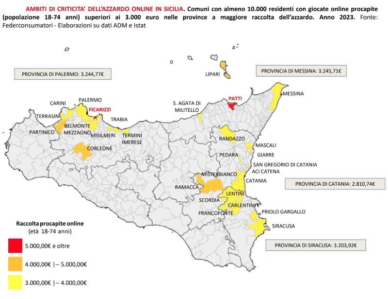 Comuni in Sicilia con almeno 10.000 residenti (età 18-74 anni) con giocate online superiori ai 3.000 euro pro capite