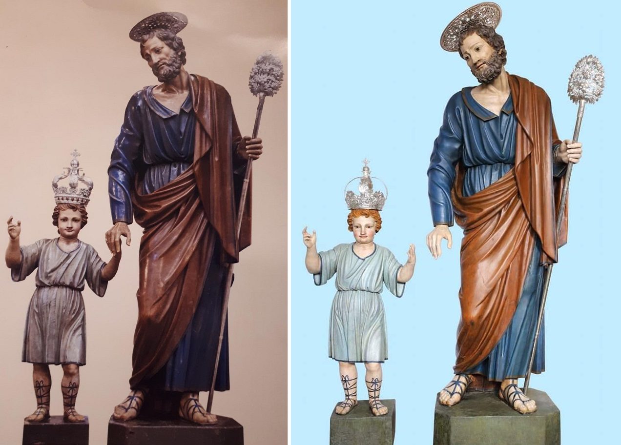 San Giuseppe col bambino prima e dopo il restauro