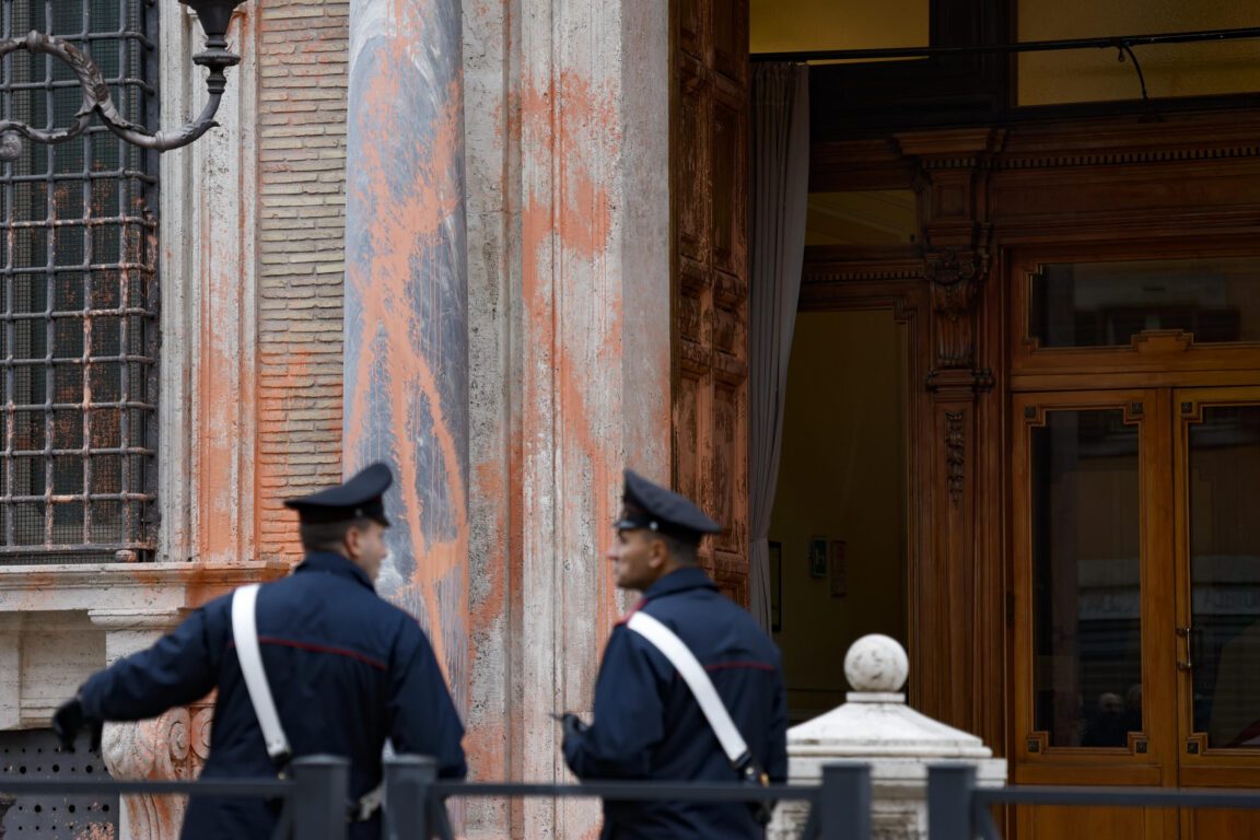 Carabinieri and scientific police officers work on the facade of the Italian Senate defaced in protest this morning by 'Ultima Generazione' activists in Rome, Italy, 02 January 2023. "At the basis of the gesture, the desperation that derives from the succession of increasingly alarming statistics and data on the eco-climatic collapse, which has already begun, and the indifference of the political world in the face of what promises to be the greatest genocide in the history of 'humanity" - activist spokeman said.
 ANSA/FABIO FRUSTACI